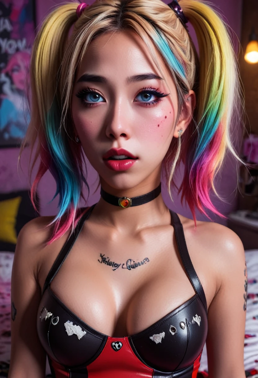 cute yuna,Harley Quinn,insane,sexy,trashed bedroom,1girl,detailed face,beautiful detailed eyes,beautiful detailed lips,extremely detailed eyes and face,long eyelashes,photorealistic,high quality,ultra-detailed,masterpiece,vibrant colors,dramatic lighting,cinematic