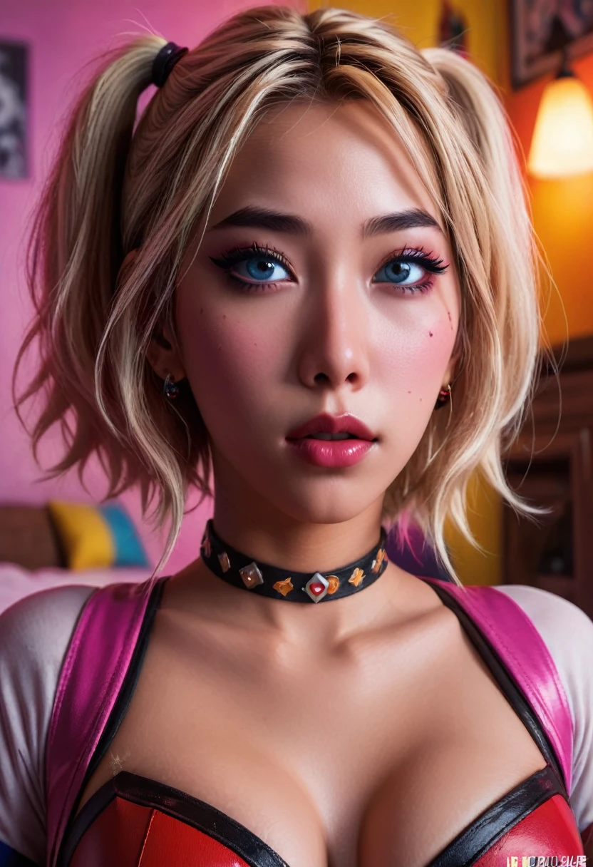 cute yuna,Harley Quinn,insane,sexy,trashed bedroom,1girl,detailed face,beautiful detailed eyes,beautiful detailed lips,extremely detailed eyes and face,long eyelashes,photorealistic,high quality,ultra-detailed,masterpiece,vibrant colors,dramatic lighting,cinematic
