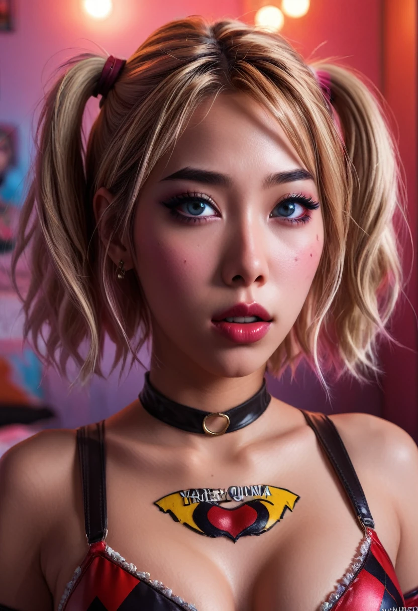 cute yuna,Harley Quinn,insane,sexy,trashed bedroom,1girl,detailed face,beautiful detailed eyes,beautiful detailed lips,extremely detailed eyes and face,long eyelashes,photorealistic,high quality,ultra-detailed,masterpiece,vibrant colors,dramatic lighting,cinematic