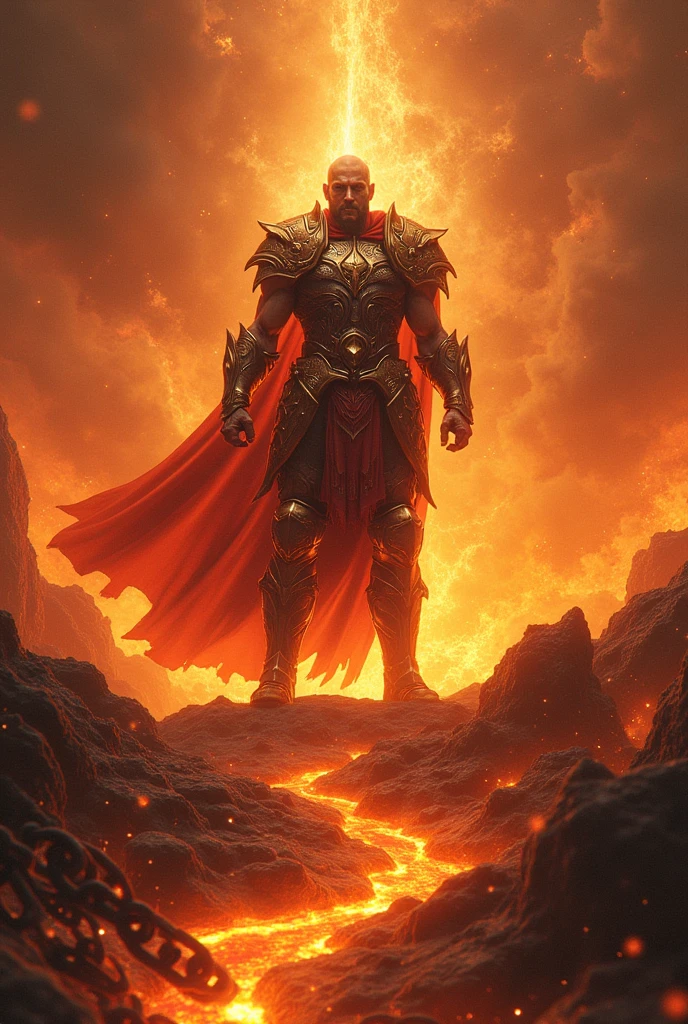 A fearless, mighty warrior god standing victorious amidst a realm of eternal flames, with shattered chains, molten lava, and a backdrop of blazing stars, symbolizing unyielding strength and courage.