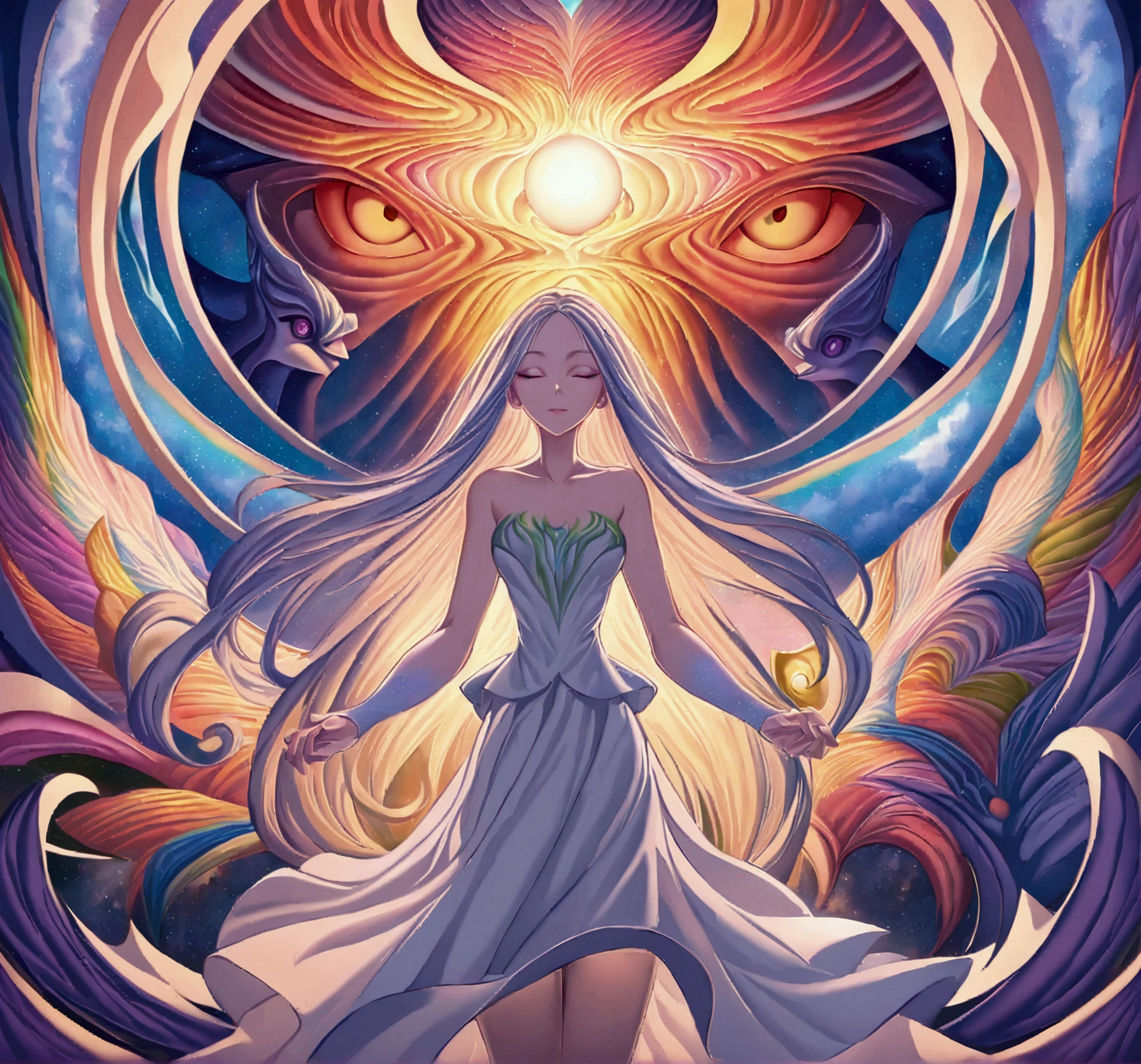 Alex Grey style painting, Man and woman couple in sheer linen dresses floating hand in hand in front of sunset, en mundo surrealista, Energy toroid around both of them ultimate beauty high detail psychedelic artwork