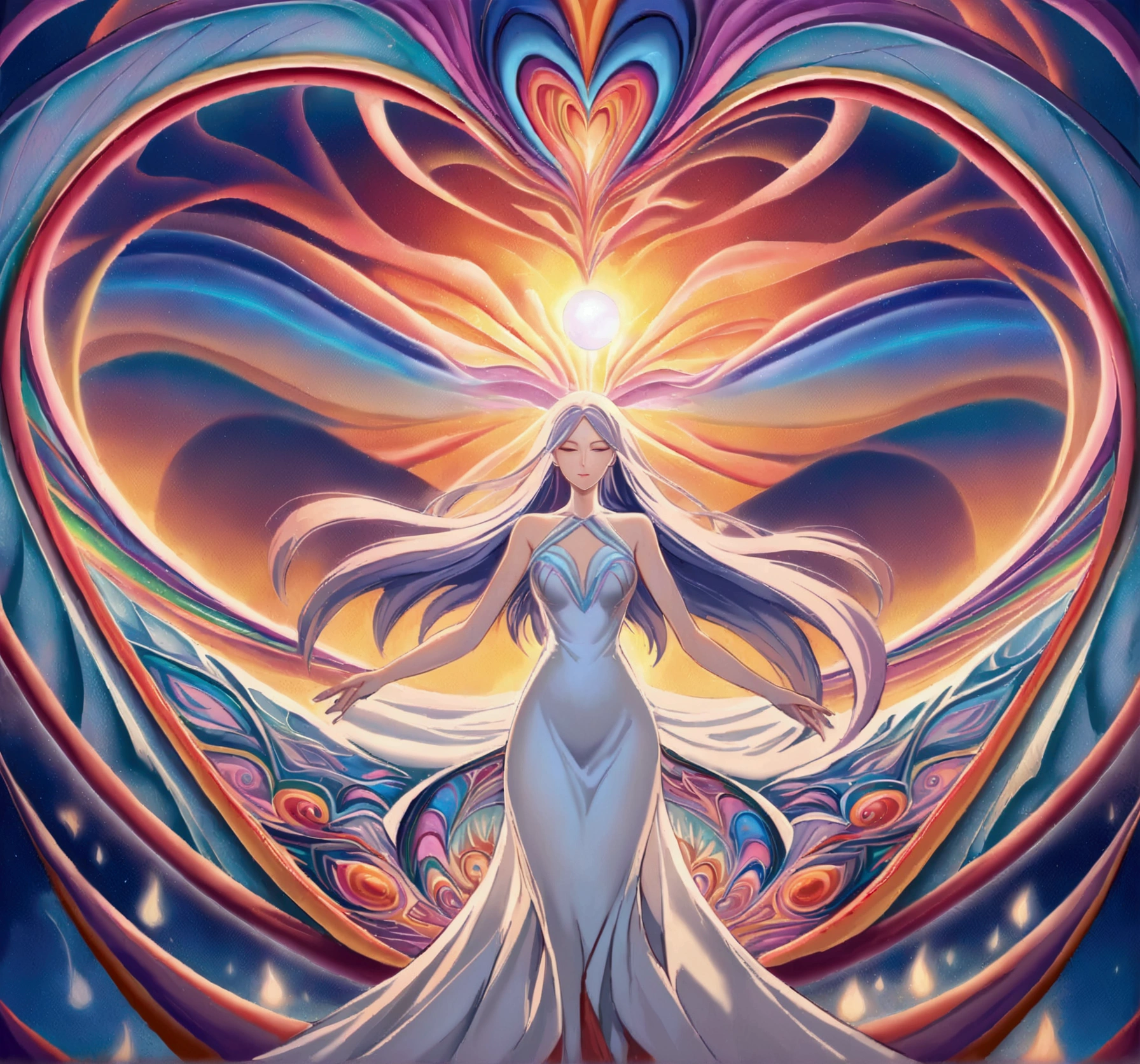 Alex Grey style painting, Man and woman couple in sheer linen dresses floating hand in hand in front of sunset, en mundo surrealista, Energy toroid around both of them ultimate beauty high detail psychedelic artwork