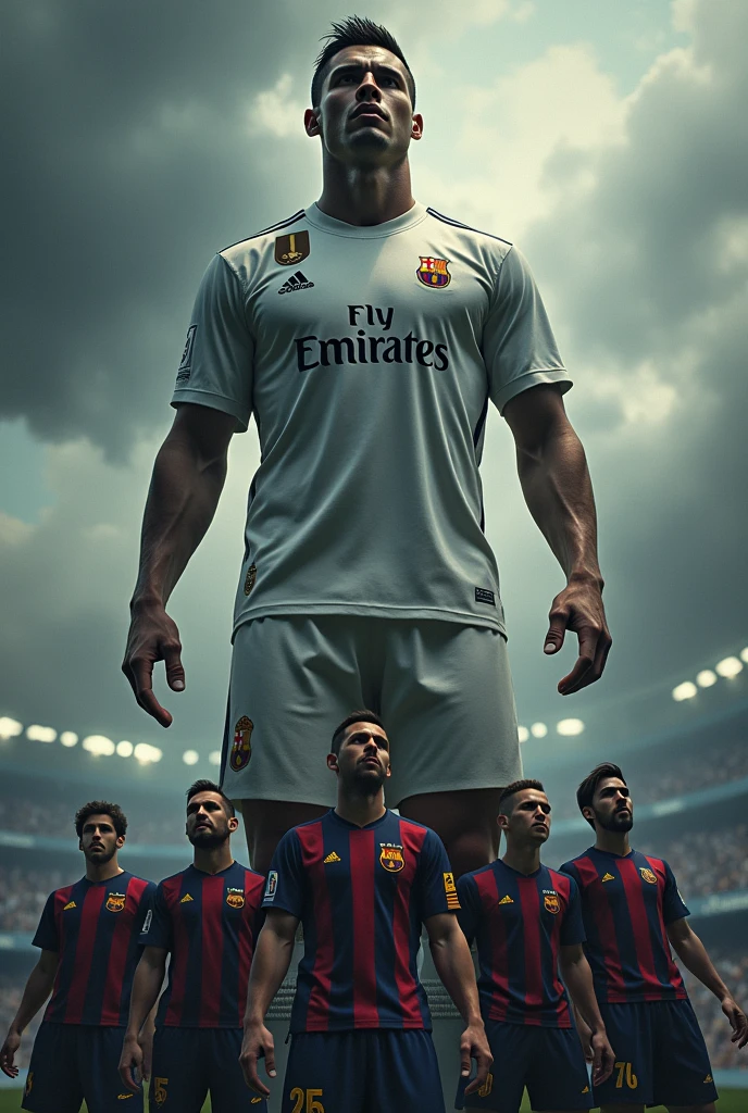 “Create an image depicting an uneven showdown between two sides. On the left, the Barcelona team, including Messi, stands together, looking determined but slightly overwhelmed. On the right, a colossal, titan-like Ronaldo towers over them, dressed in his Real Madrid jersey. The scene should emphasize the stark contrast in size and power, with the Barcelona team appearing small in comparison. The background should be dramatic, with dark clouds and a tense atmosphere, highlighting the intensity of this epic rivalry.”