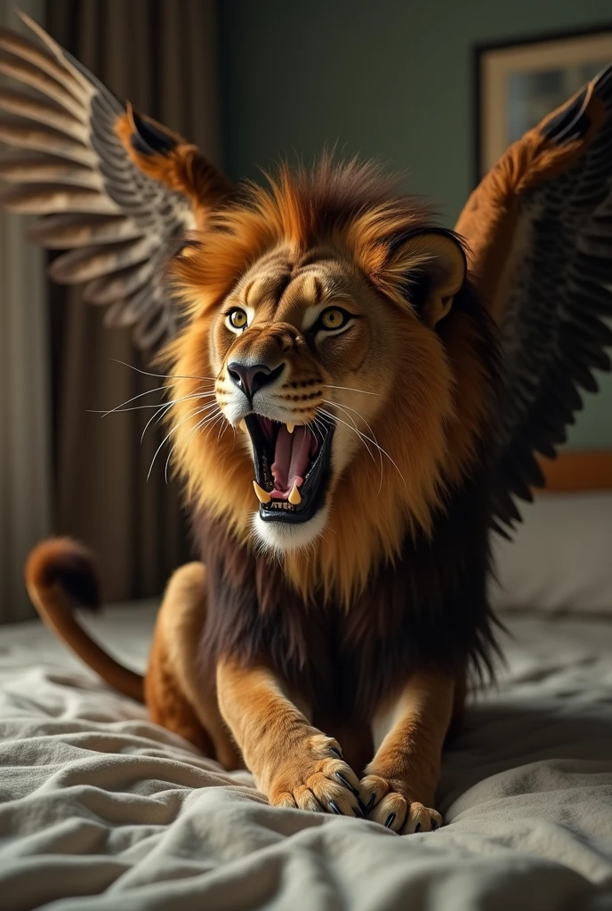 Cinema Style, A scene from selfies, A Griffon, くちばし、screaming,Eagle's head,
Lion's body, Eagle Wings, lion tail, on bed, bed room, fantasy,