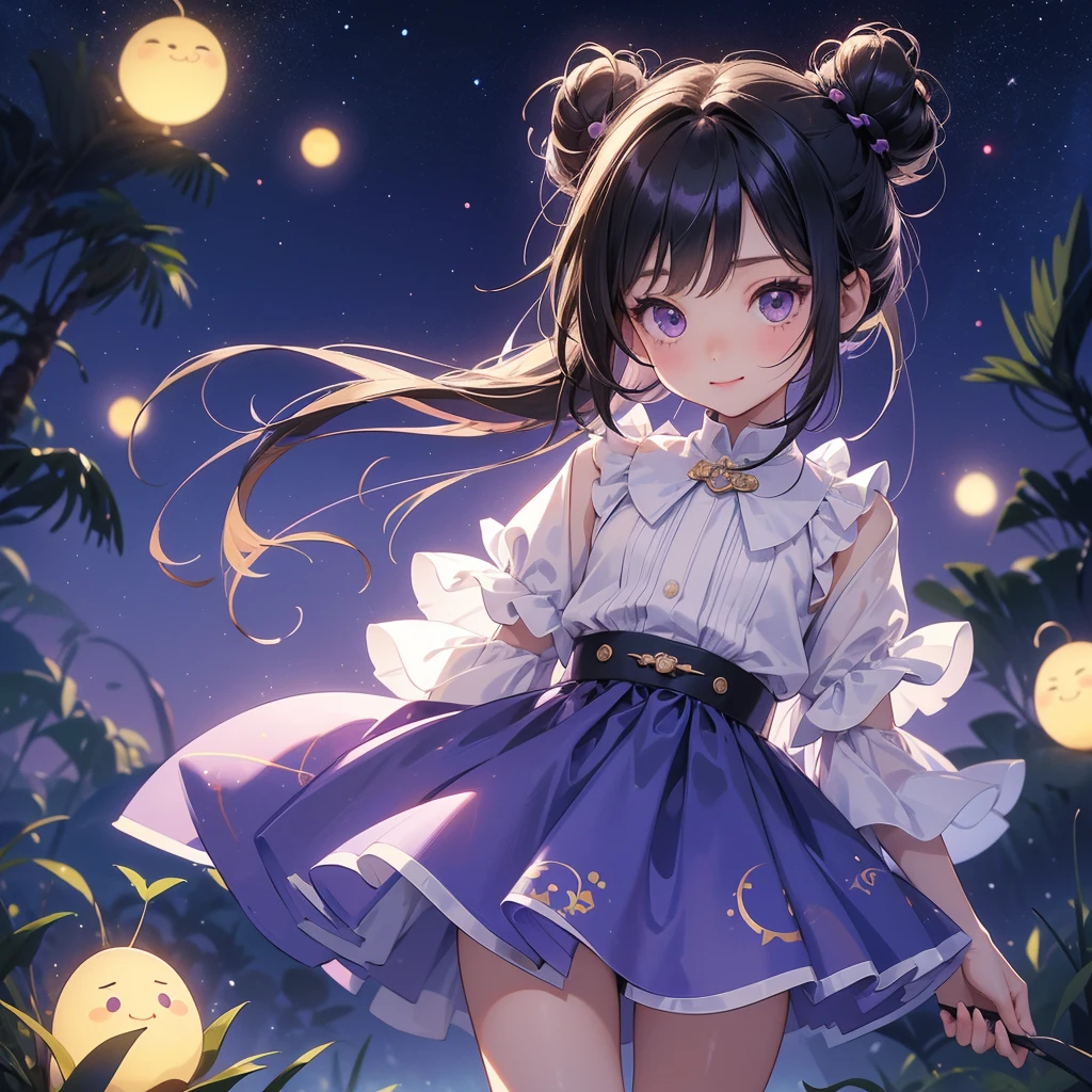 A chibi child girl had a small face and wearing a little tourist priest’s outfit, a pair of big round eyes shone with curiosity about him. This child was so cute, her hair is black with buns on her hair. Small chibi , chibi baby, smiling , chibi. 

Background is a dark moonless night, with dry trees in the background, and purple glowing light