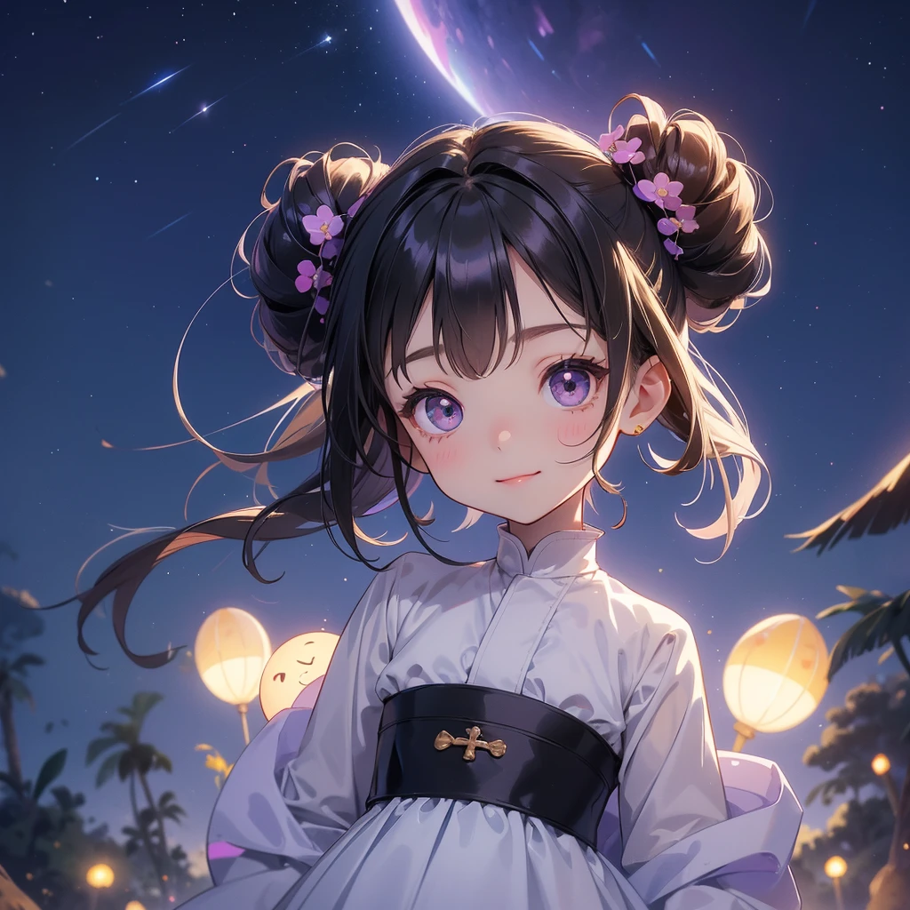 A chibi child girl had a small face and wearing a little tourist priest’s outfit, a pair of big round eyes shone with curiosity about him. This child was so cute, her hair is black with buns on her hair. Small chibi , chibi baby, smiling , chibi.
Background is a dark moonless night, with dry trees in the background, and purple glowing light