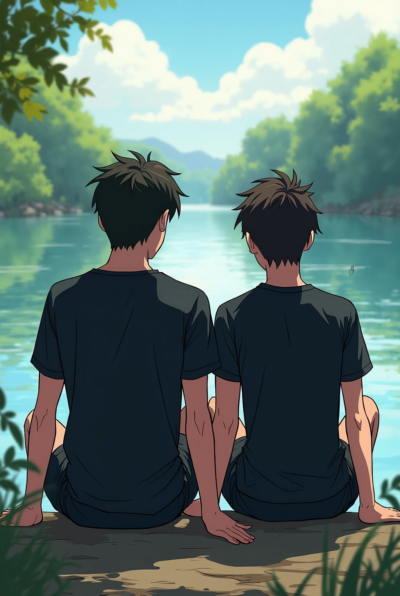 Two anime man wearing black shirt one name is abhay and one amane is deepak siting behind the river