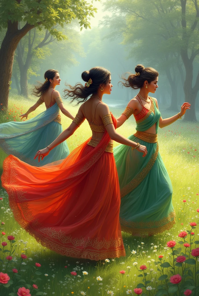 In the verdant meadows of Vrindavan, beautiful Gopis dash playfully through the grass, their colorful ghagra cholis shimmering in the sunlight. The vivid hues of their attire—rich reds, bright yellows, and deep blues—contrast beautifully with the lush green of the meadow and the myriad flowers that bloom around them. As they run, their garments swirl and flutter, creating a lively dance of colors amidst the vibrant floral backdrop, capturing the essence of joy and natural beauty.