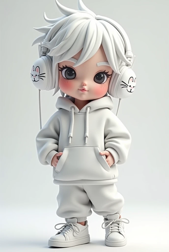Oversized white streetwear（Hoodie and baggy pants）And wearing white sneakers、Highly detailed 3D chibi character with white messy hair。It exudes a cool and relaxed atmosphere。She is wearing large, stylish headphones that match her outfit.。Headphones are、White、Kitten&#39;s face painted。Characters、Hands on hips。Characters、Winking。Characters、One leg raised。Soft background、Muted、It emphasizes the character。The overall style is、Cute、Modern、and、Stylish