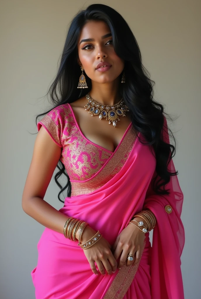 Generate a beautiful good looking indian girl 3 wearing pink saree navel showing medium breasts, cleavage show, long black hair, jwellery, earrings, attractive looks, hot poses.