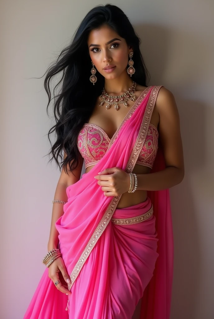 Generate a beautiful good looking indian girl 3 wearing pink saree navel showing medium breasts, cleavage show, long black hair, jwellery, earrings, attractive looks, hot poses.