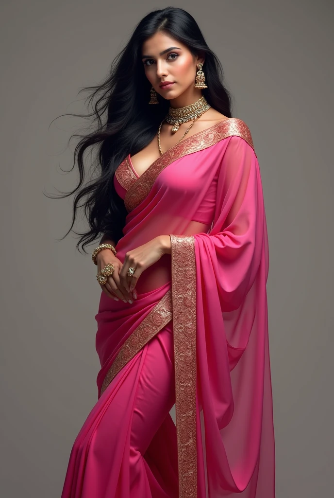 Generate a beautiful good looking indian girl 3 wearing pink saree navel showing medium breasts, cleavage show, long black hair, jwellery, earrings, attractive looks, hot poses.