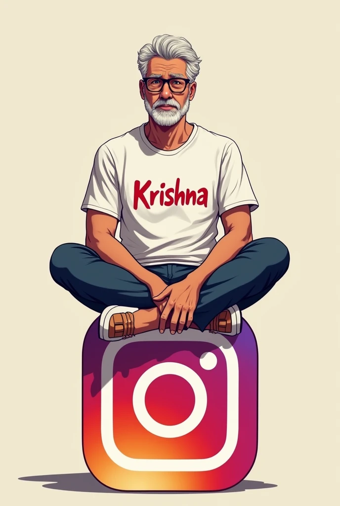A adult men sitting on Instagram logo wearing reshart printed name of krishna on it like animea