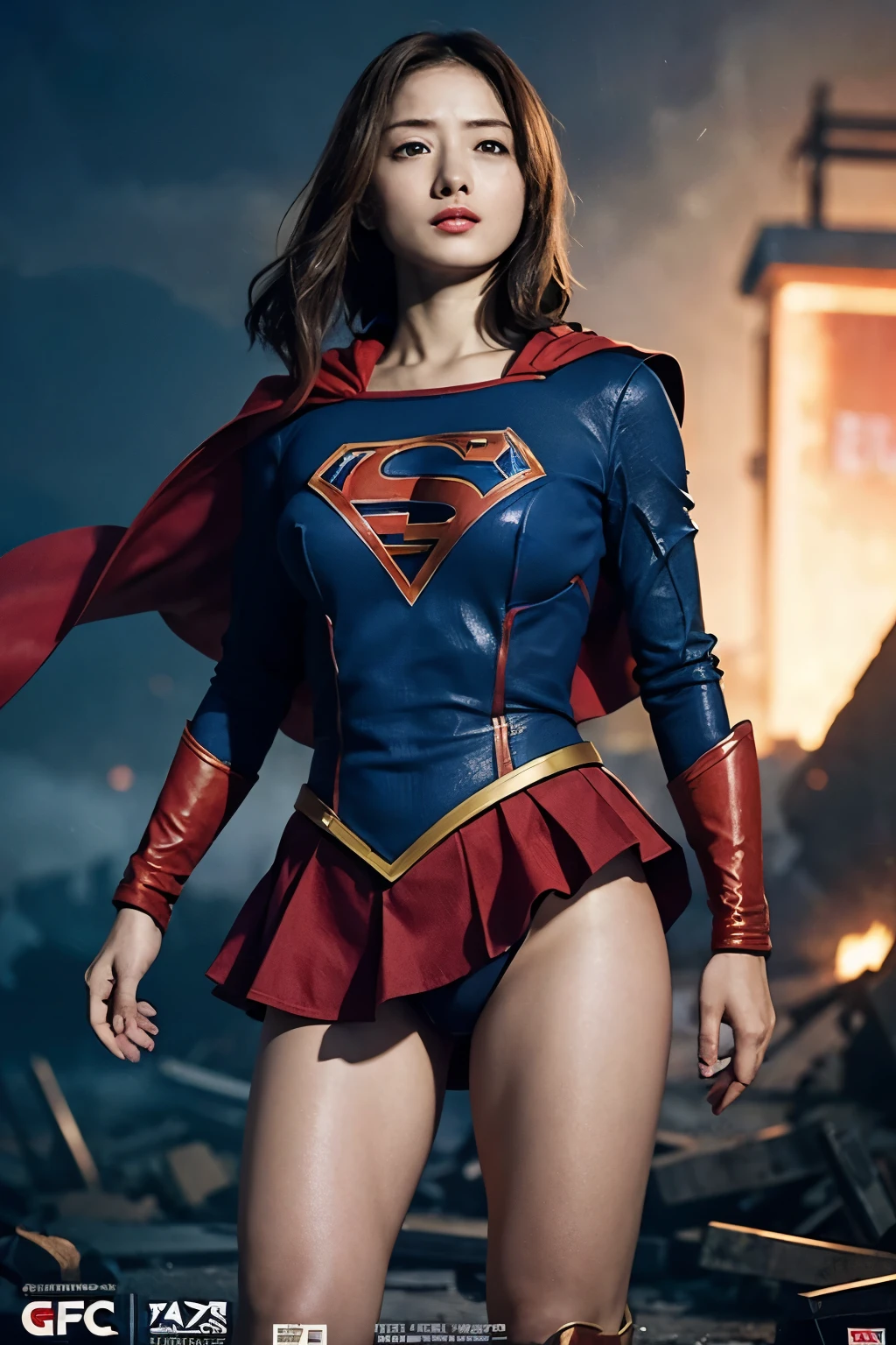 Supergirl, Movie Posters, Movie title: "Death of Supergirl", Lost in battle against a formidable enemy, Lying face up, Feeling exhausted, Tragic Tone, Decorated in dark and gloomy colors, Supergirl has her eyes closed, Supergirl is wet, Heavy Rain, Destroyed city, plasma, fluorescence, A shocking sight, Against the backdrop of darkness , Cinema Lighting, whole body, Thighs, Beautiful feet, Clothes are torn and breasts and nipples are visible, A painful expression, Injured, Bleeding