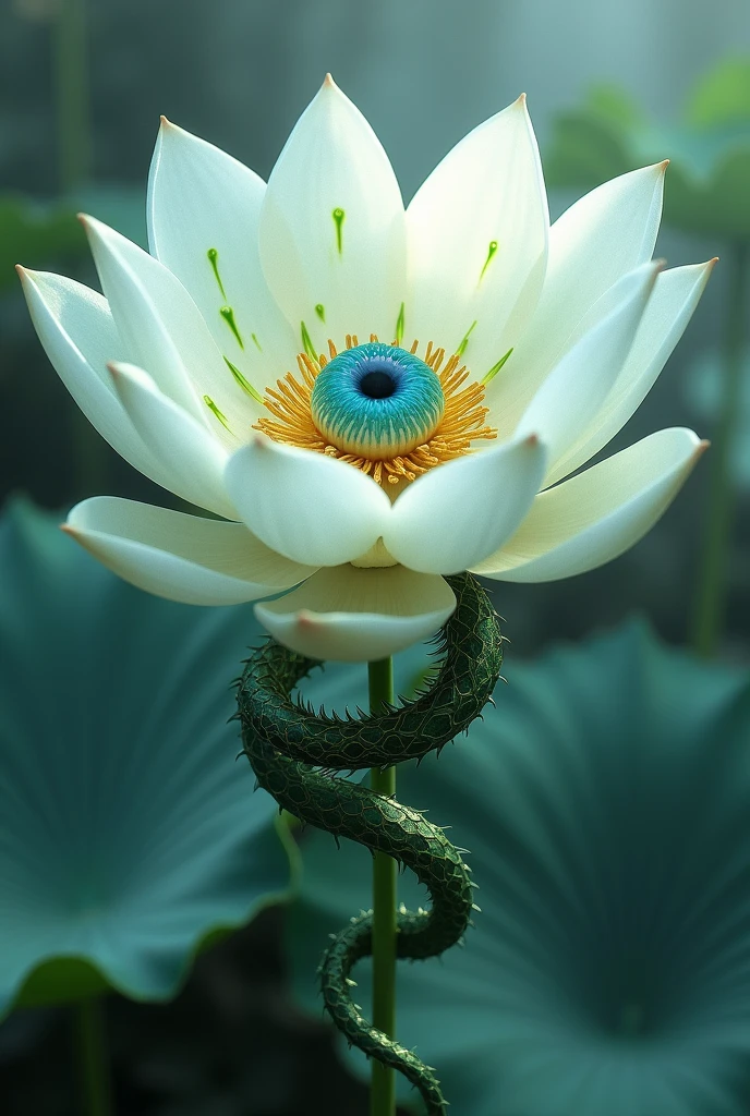 A white lotus flower with green scars and a realistic blue eye and a tao dragon
