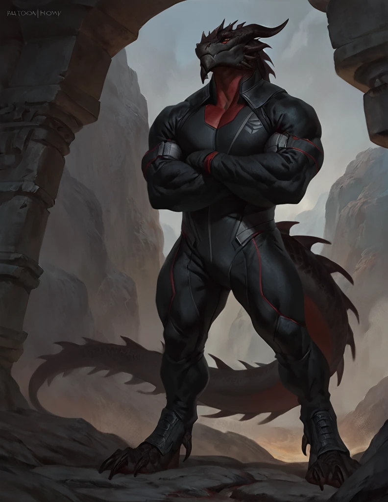 a ferocious male dragonborn, solo, muscular detailed body, athletic, standing with crossed arms, full body, dark color body, scalie, red eyes, pants, armless bodysuit, comicbook style, best quality, 4k, ultra-detailed, by laobai, by taran fiddler, by honovy