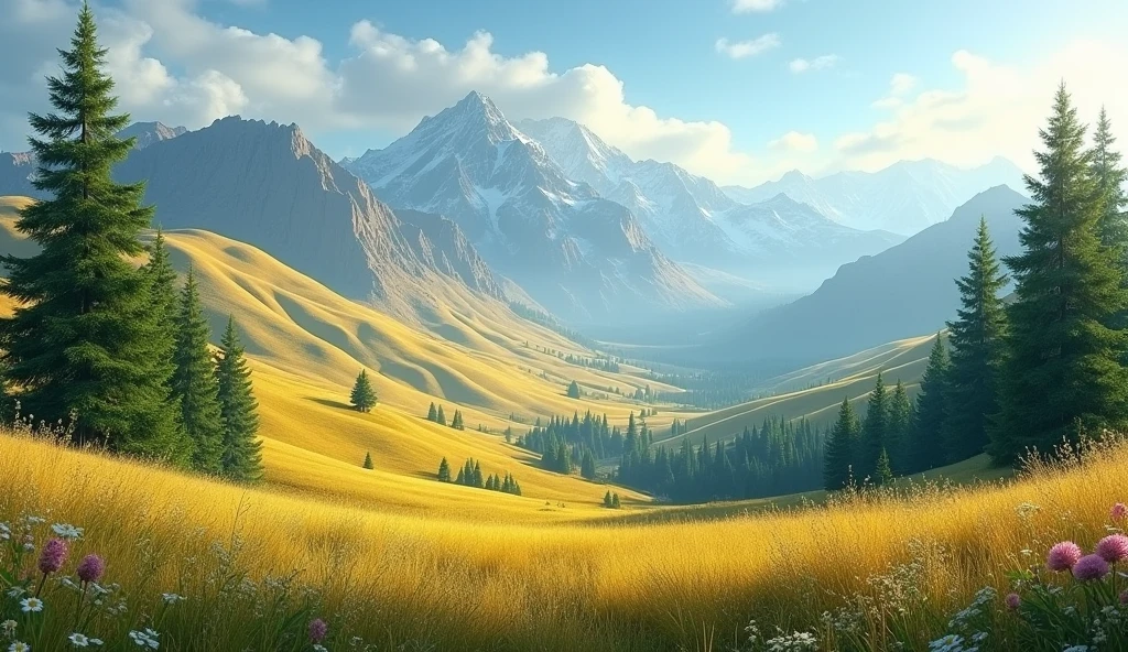 The golden mountains are rolling and the green pines are welcoming guests in front.