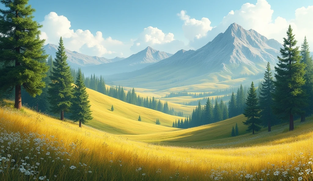 The golden mountains are rolling and the green pines are welcoming guests in front.