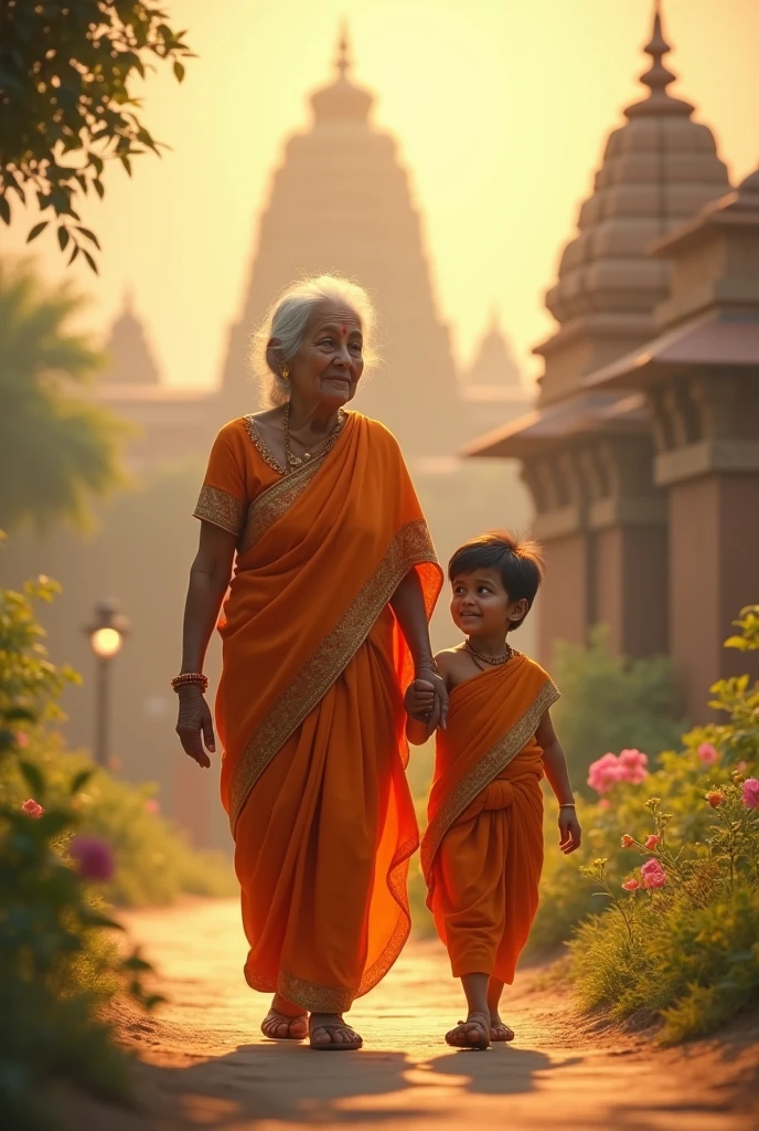Back photo of grandmother wearing saffron saree with her grandson going to the temple. 3d image