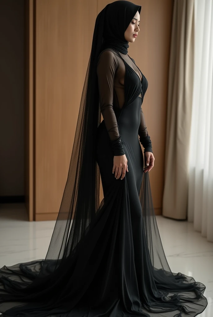 Asian woman wrapped in a transparent black cloth mimicking a mermaid gown with a striking large train, the cloth clings tightly to her figure, incorporates a hijab, standing with poise, see through whole body, half naked, nipple on, dramatic lighting, volumetric textures, very long cloth, in bed room, ultra realistic, golden ratio.