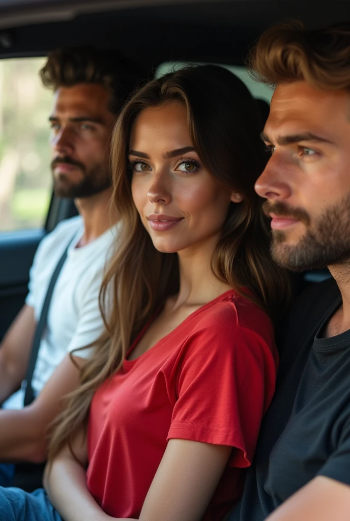 A beutiful girl Jean's red t shirt wearing at car with side sitting 1 boy 2 handsome boy with beard wearing white shirt Black court realistic beautiful woman sharp eye long hair