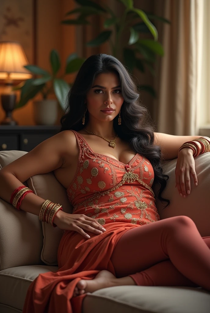 Create a Indian women image in leggings and kurti sitting on sofa full body and beautiful fat ass