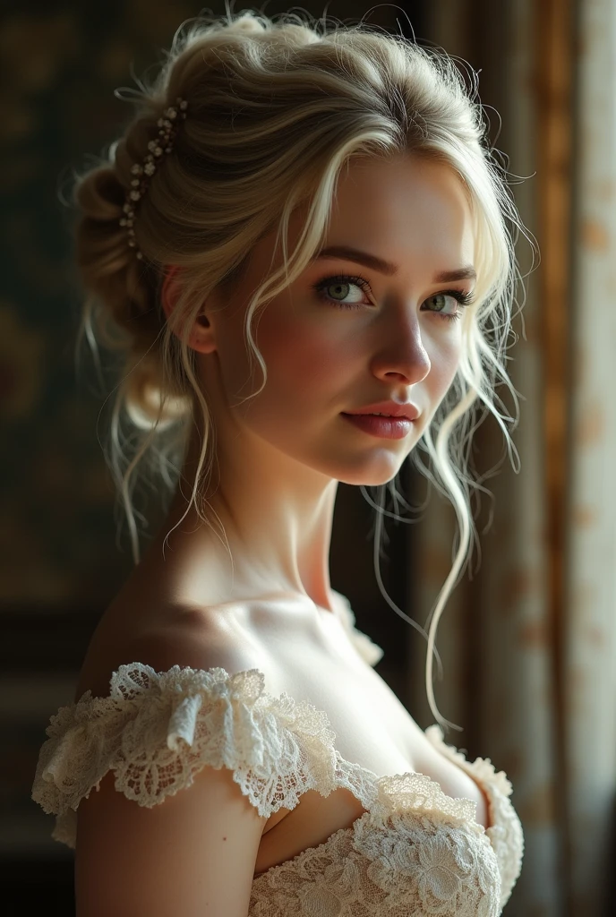 Nude blonde beauty resembles Queen Elizabeth I。Wearing only curtain lace。With a palace-like interior、The light is a little dim。