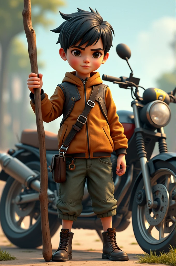 A 1m8 tall boy holding a stick like Ý standing next to a motorbike 