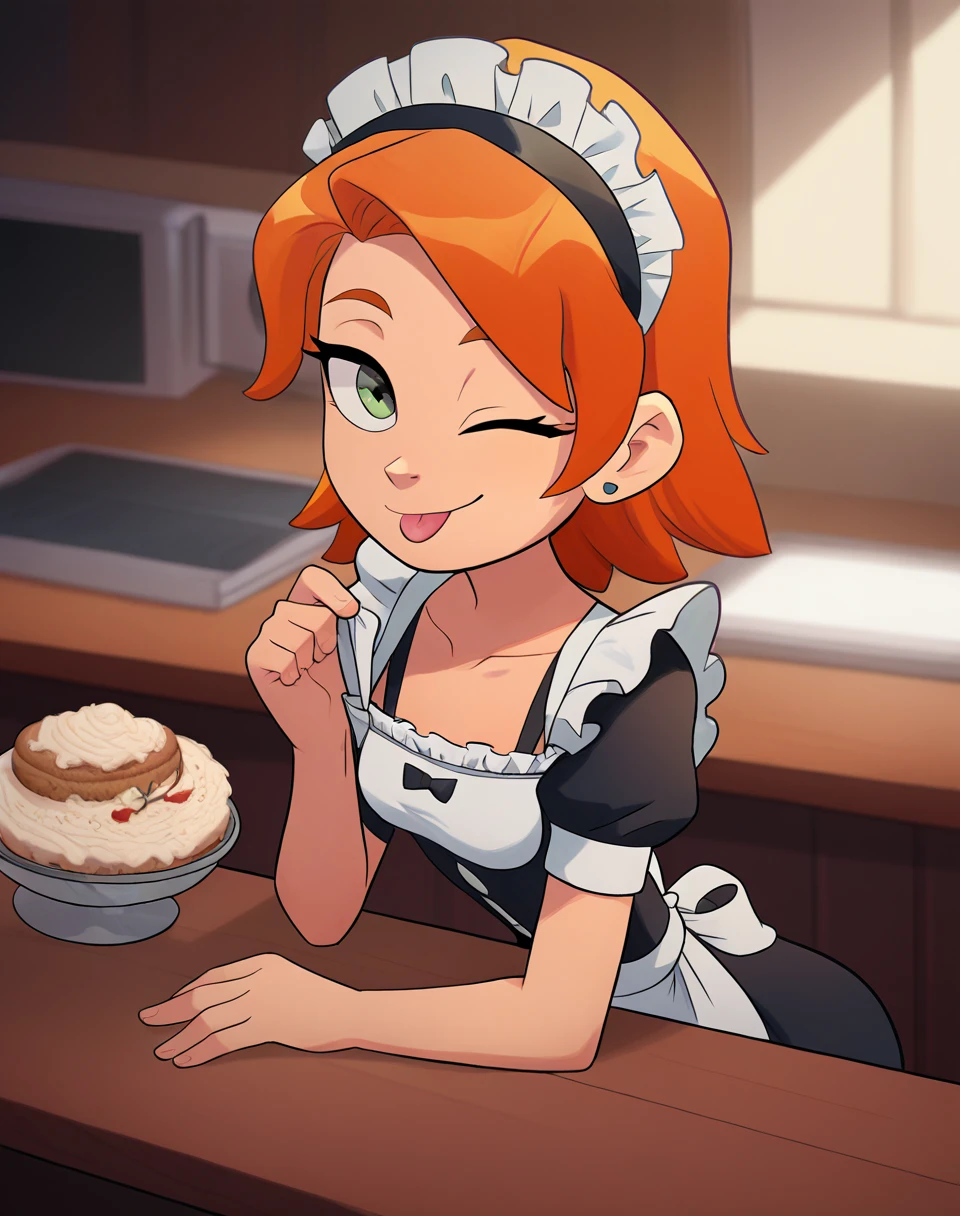 Gwendolyn_Tennyson, 1girl,solo,maid, side smile, collarbone ,maid headdress,looking at viewer,apron,indoors,depth of field, sitting on table, legs, stockings, big 
wink, one eye closed, playful smile, tongue out,, masterpiece, best quality, absurdres, highres, 4k, ray tracing, intricate details, highly detailed, (1girl:perfect face, cute, small breasts, long ginger hair, petite) Highqlb:perfect mouth, makeup screenshot, perfect jaw, good fortune hinge