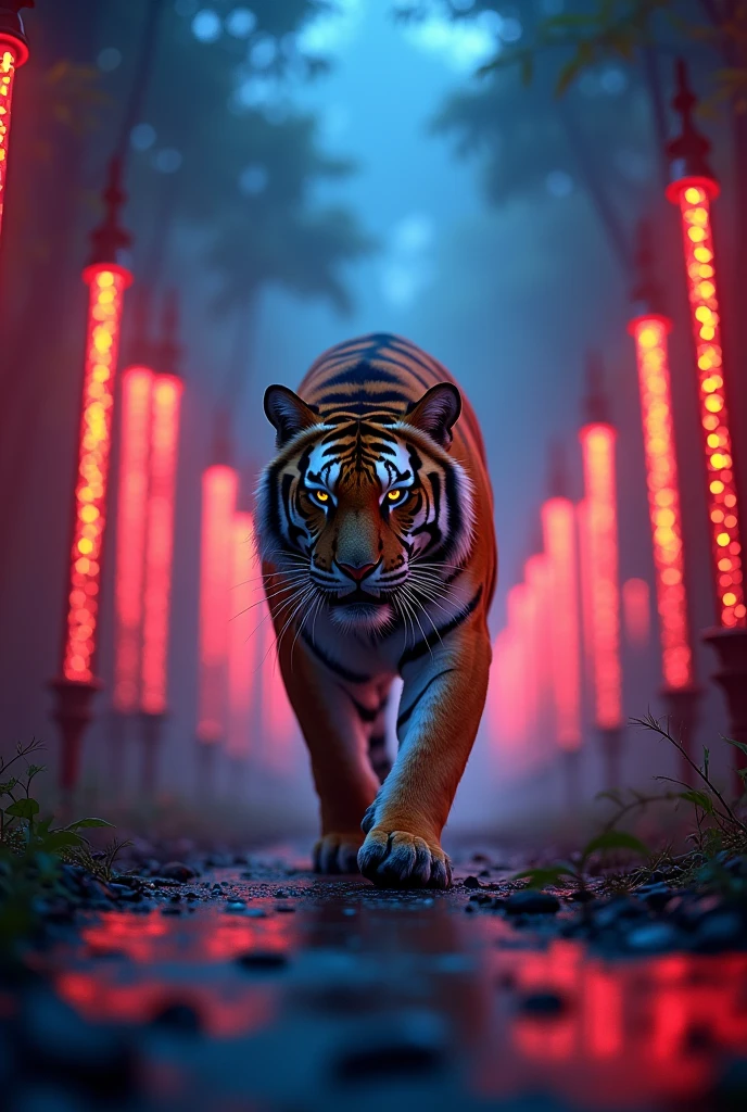 Tiger walk with India rods at night with red and blue lights