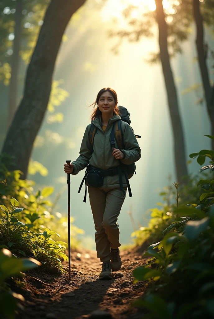 Photorealism 1.4 realistic realism high detailed definition Malay adult women climbing hill wearing adventure attirecamping backpack smile hold stick smoke effect sunlight silhouette background forest asian rainforest front view