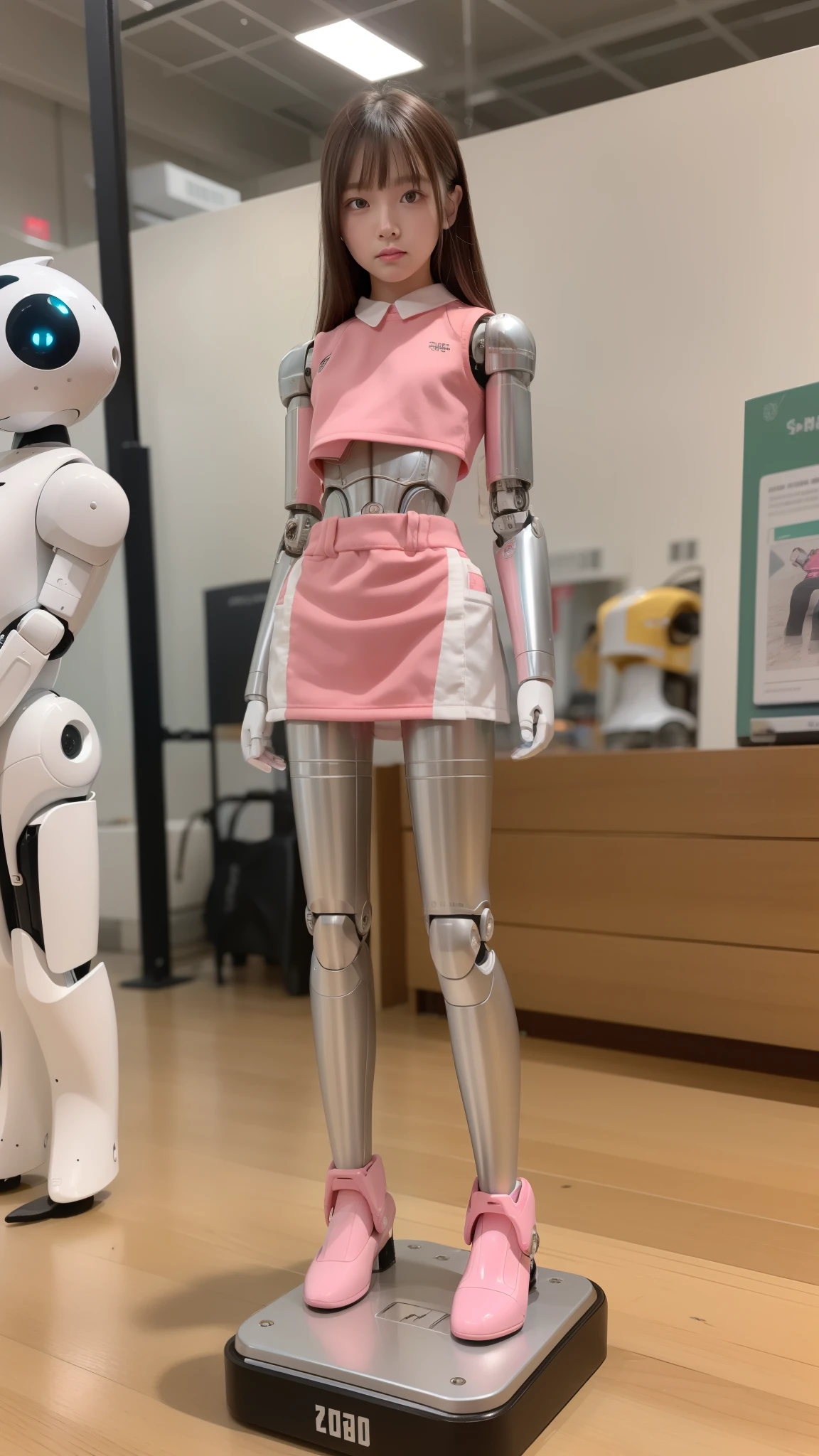Robot Girl, pink there, Silver, Metallic body, Robot Parts, Metal Parts, Super Detailed Face, Super well-formed face, of the highest quality, a small face, small head, Brown hair, Slender body, Camera gaze, Internal Mechanical Exposure, Idol, front facing, Well-proportioned body, sale, Exhibited, Event Hall, Moe Pose, Standing with legs open, Model body type, sad,(Perfect Robot Girl),(Perfect machine body)