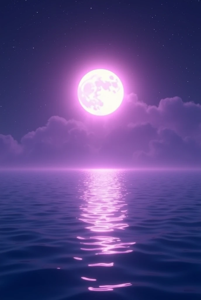 Sea of night、Purple overall、violet、The light of the full moon illuminates the sea surface.（Half purple、Half pink）、purple、
The stars shine in the night sky、The moon is big、No people、