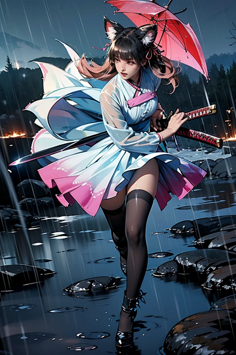 uhd, textured skin, good quality, High details, masterpiece, best quality, high detail face, (Amazingly absurd:1.2), (masterpiece:1.2), fluffy, 1 Girl, Dragon ears, Dress with ruffles, glowing eyes, shining hair , Whole body love, very long hair, hair ribbon, black kneesocks, full body, Kawaiitech, soft colours, Kawaii, Beautiful colors, (Rain:1.5), (Wet:1), (Night:2), (Landscape:2), battojutsus, (holding Katana:1.5),