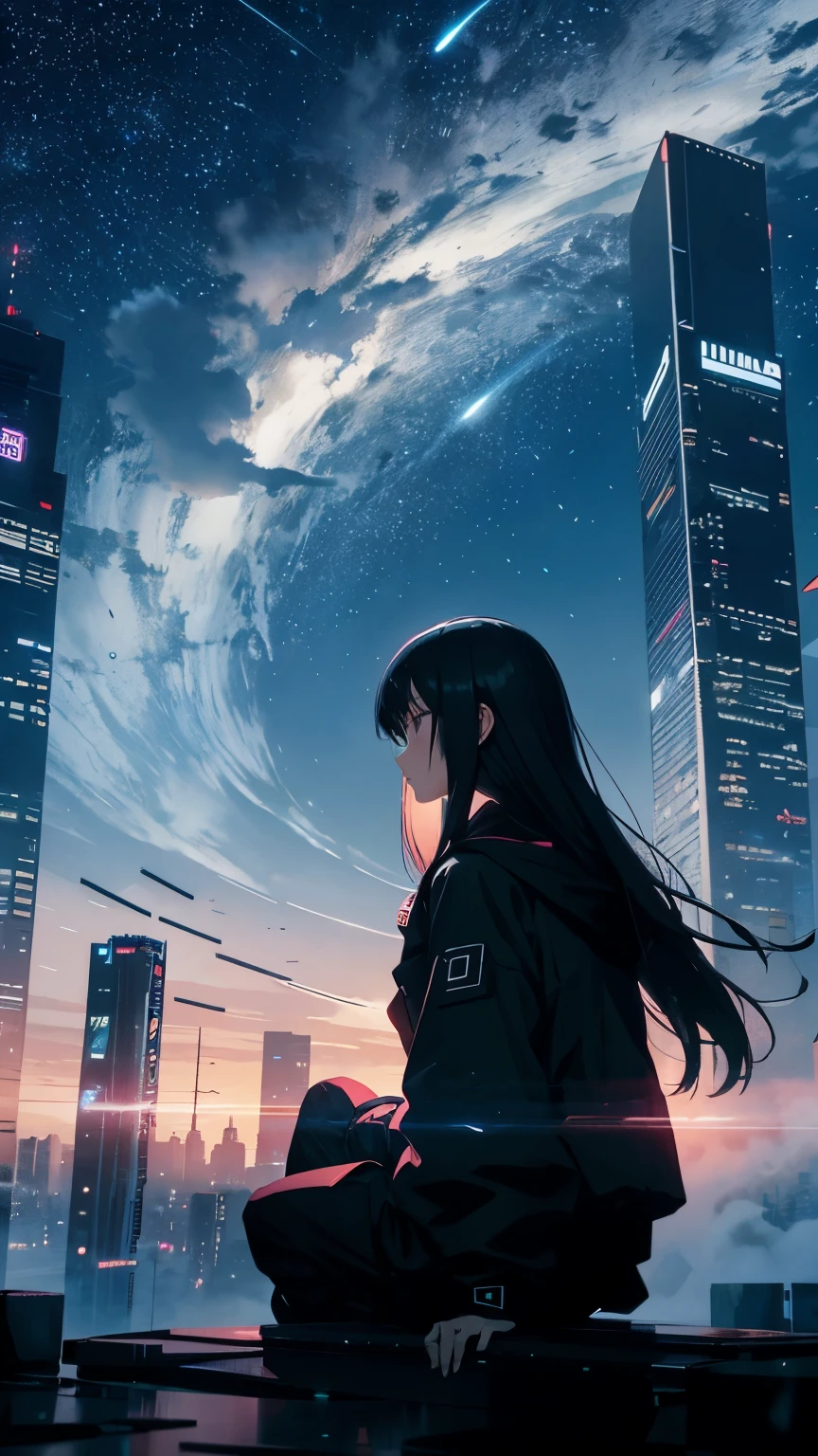 Octane, null, star (null), scenery, starry null, night, One girl, Wearing glowing clothes、Depict the girl small、night null, alone, Outdoor, building, cloud, milky way, Sitting, wood, Long Hair, city, silhouette, cityscape、Ultra-wide angle、nullを大きく、nullにフォーカス、