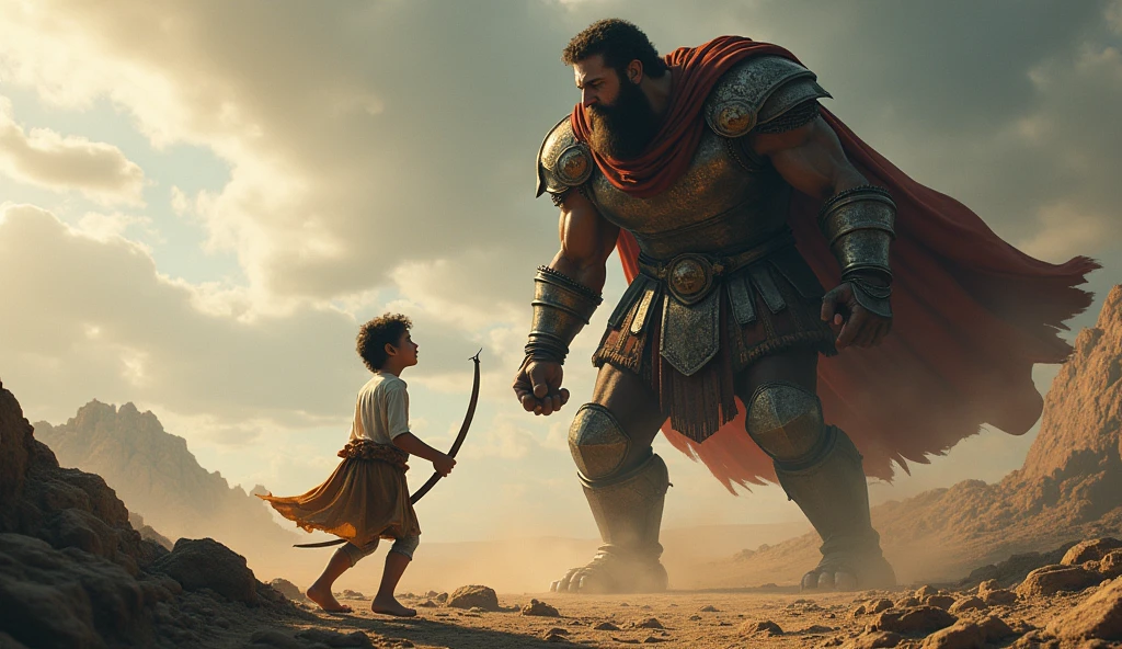 “Create a dynamic scene of young David standing confidently, facing the towering figure of Goliath. David, a boy with a determined expression, holds a slingshot firmly in his hand. His posture is strong, with his feet planted firmly on the ground. Goliath looms above him, clad in heavy armor, with an intimidating and fierce expression. The background should depict an ancient battlefield with rocky terrain and a distant, ominous sky. The overall mood should be one of courage and defiance, capturing the epic confrontation between the small but brave David and the massive Goliath.”