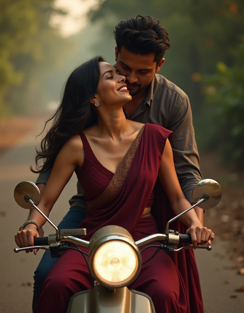 top angle image, ultra realistic image, indian WOMAN RIDING A scooter, man pressing breast with hand from behind, romantic scene, soft natural lighting, woman wearing maroon sari, steamy romance, cinematic lighting