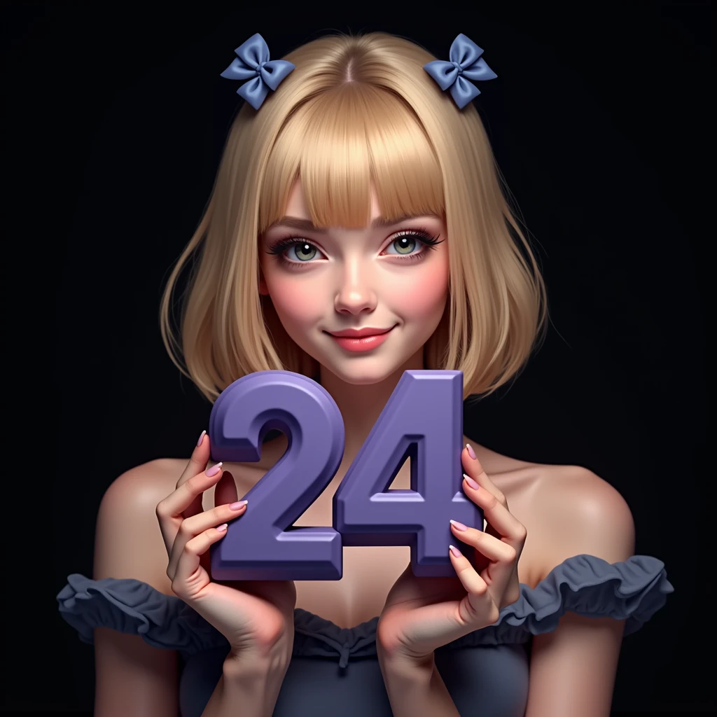 naughty sexy joyful fashionable girl with her face straight at the viewer, professional, portrait photography, studio light from above and backlight from behind the head, cutie, holds in his hands volumetric purple numbers 24 made of matte plastic very detailed, beautiful detailed face, blonde, square hairstyle, There are two small blue bows on her head, beautiful eyes, --Detailing, whole body, a lot of femininity, Blue dress, Tempting, Dazzling, Black background
