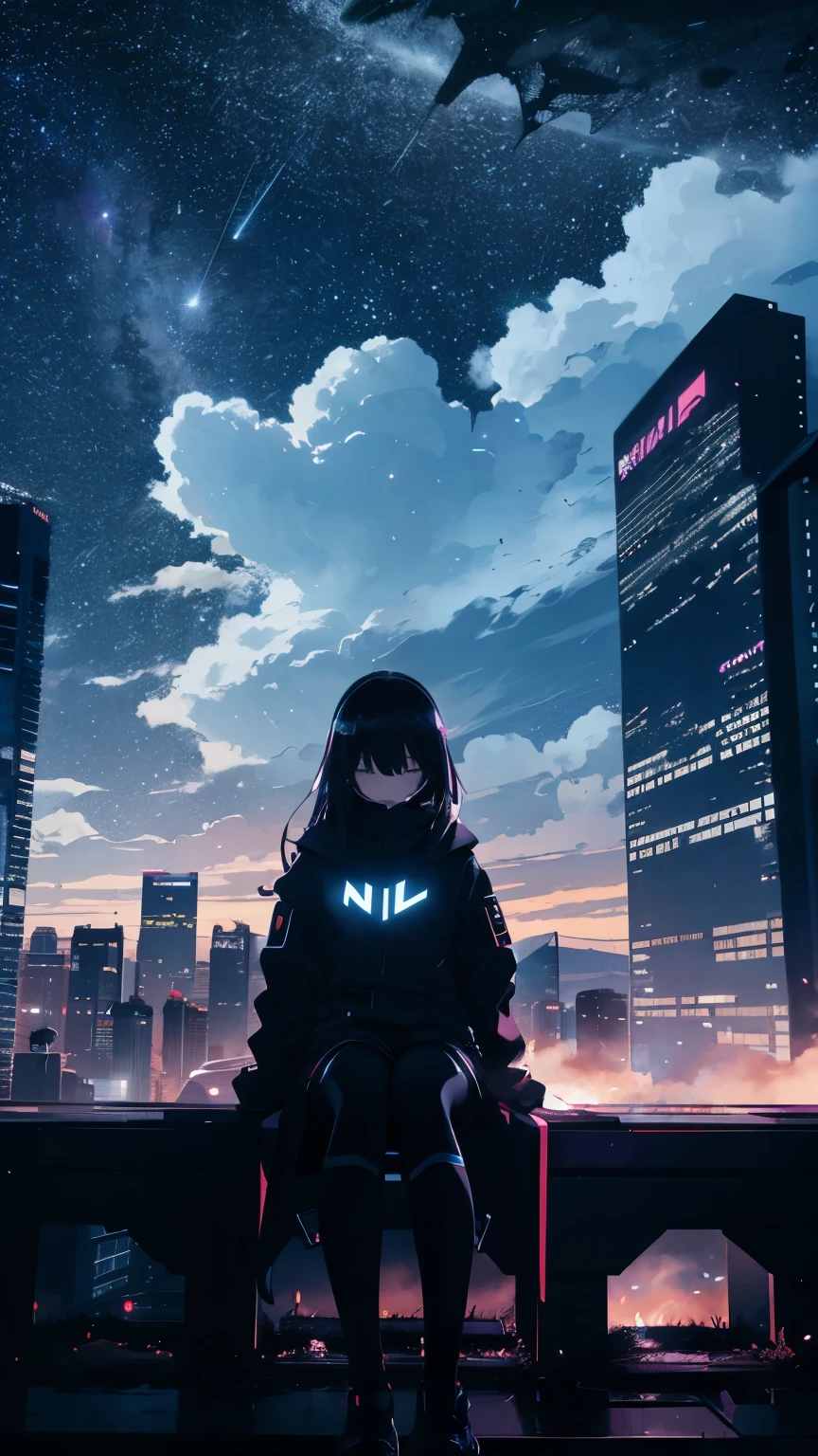 Octane, null, star (null), scenery, starry null, night, One girl, Wearing glowing clothes、Depict the girl small、night null, alone, Outdoor, building, cloud, milky way, Sitting, wood, Long Hair, city, silhouette, cityscape、Ultra-wide angle、nullを大きく、nullにフォーカス、