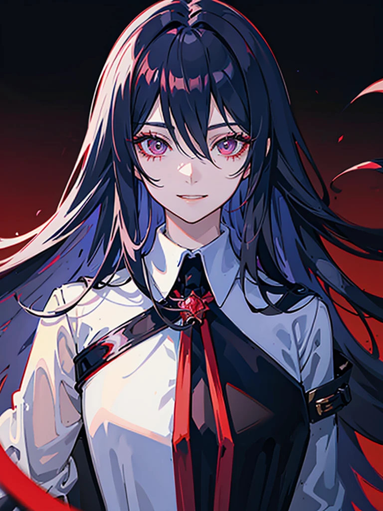 Anime boy, crimson eyes, detailed eyes, long eyelashes, dark blue hair; long flowy hair, shoulder-length hair, red sunglasses with black lenses, soft smile, smiling with teeth, black suit, white collared shirt, black tie, relaxed, gradient background