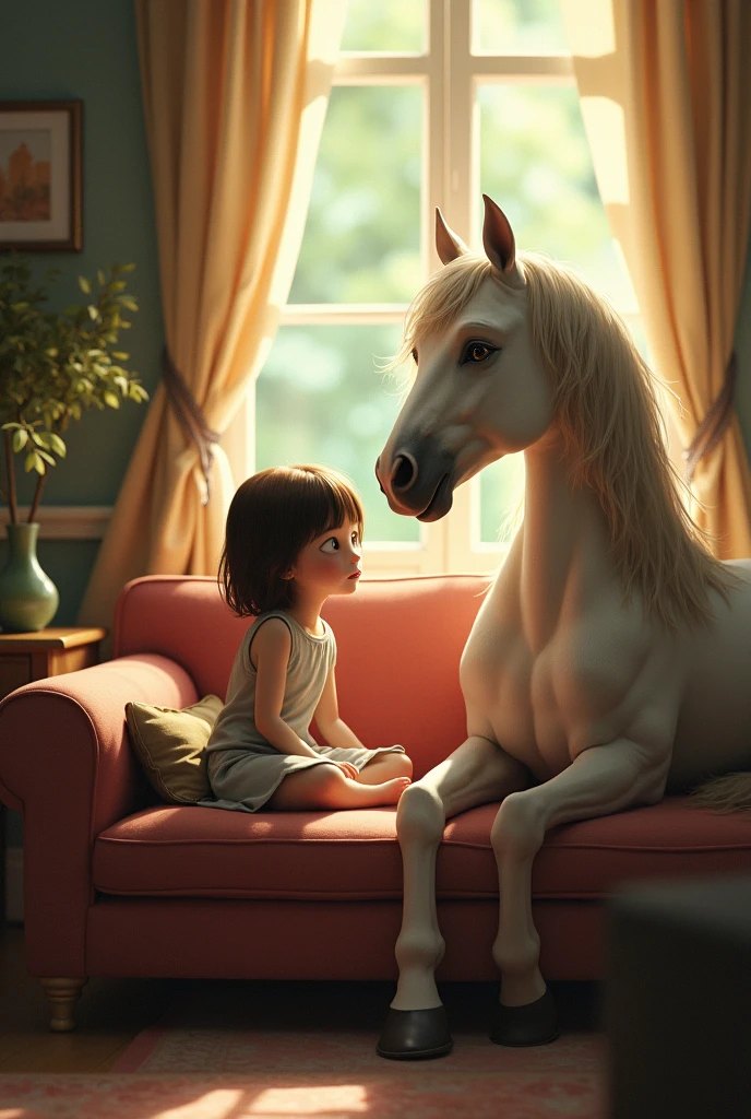 A girl sit with a horse on a sofa