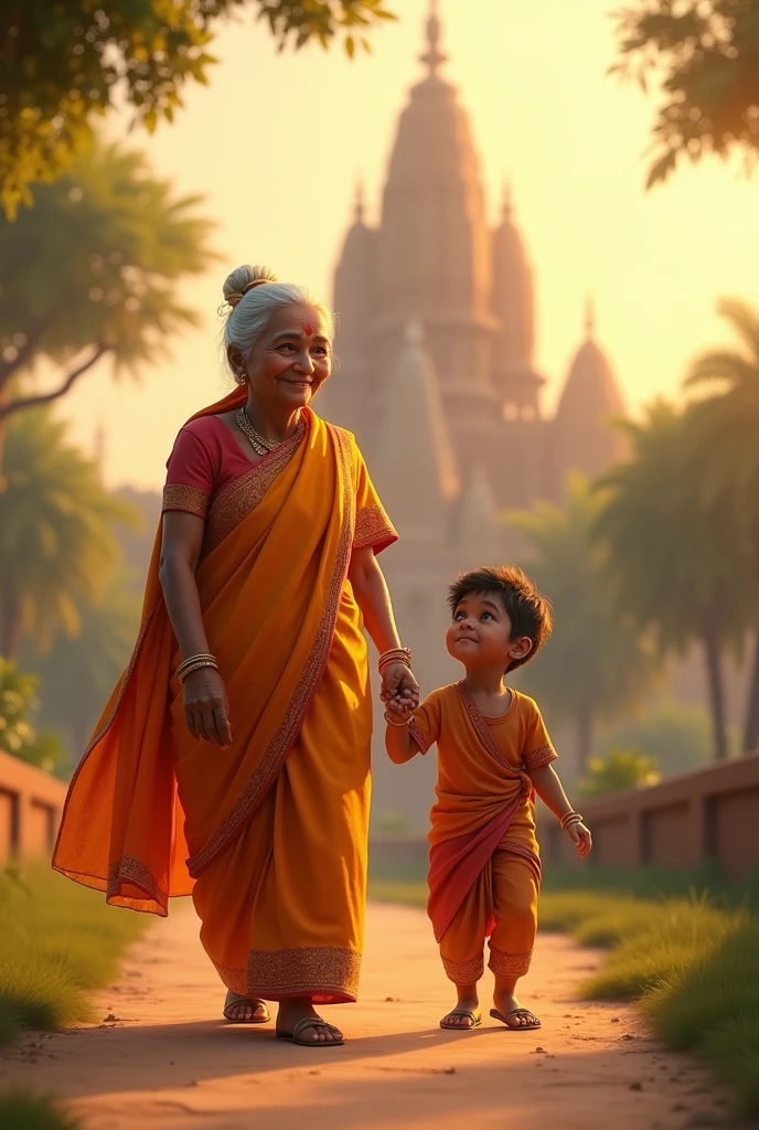 Back photo of grandmother wearing saffron saree with her grandson going to the temple. 3d image