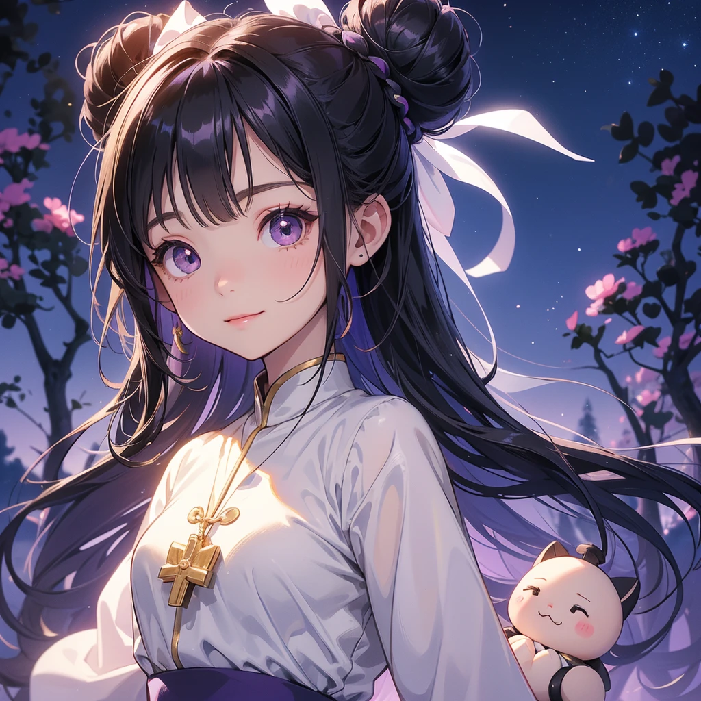 A chibi child girl had a small face and wearing a little tourist priest’s outfit, a pair of big round eyes shone with curiosity about him. This child was so cute, her hair is black with buns on her hair. Small chibi , chibi baby, smiling , chibi. 

Background is a dark moonless night, with dry trees in the background, and purple glowing light