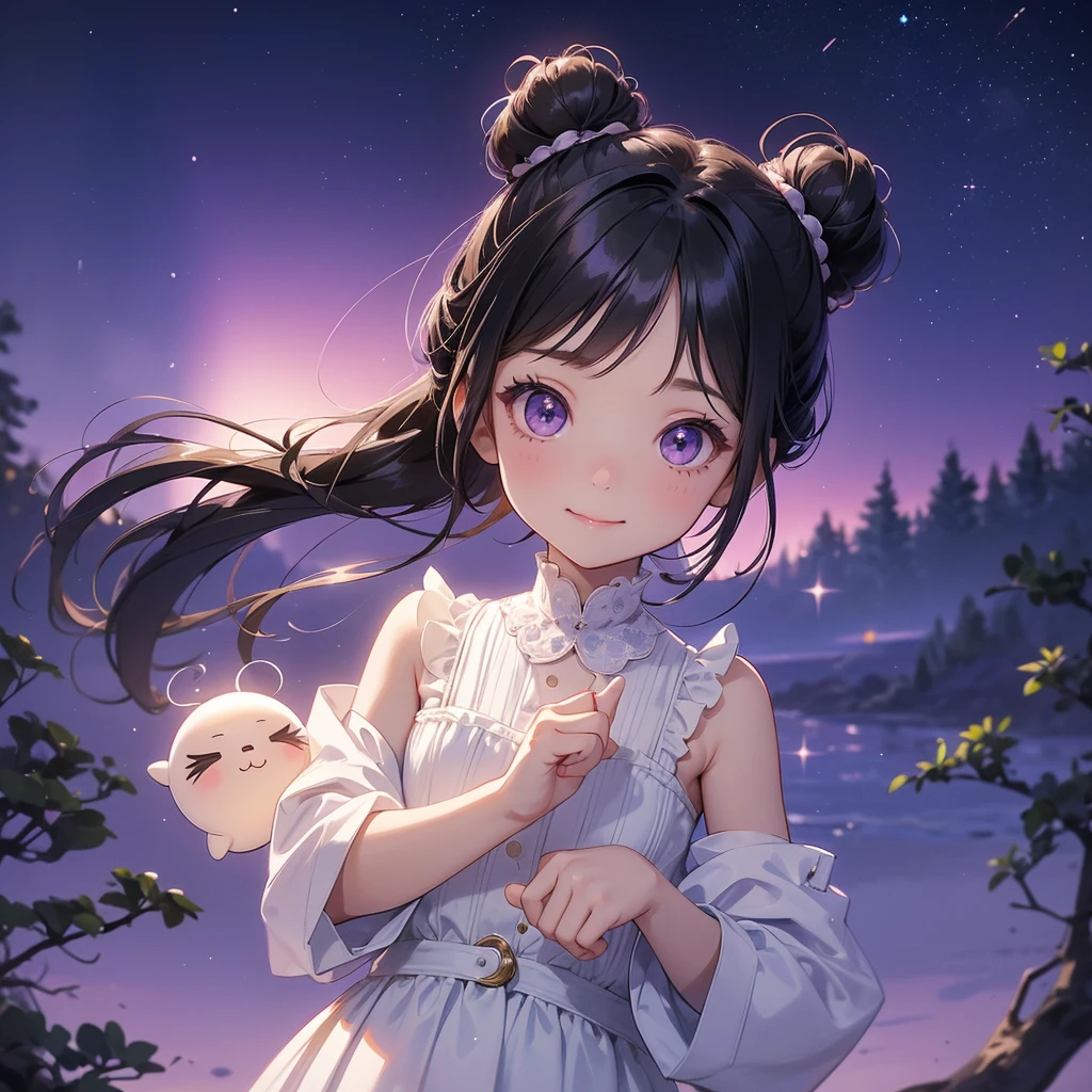 A chibi child girl had a small face and wearing a little tourist priest’s outfit, a pair of big round eyes shone with curiosity about him. This child was so cute, her hair is black with buns on her hair. Small chibi , chibi baby, smiling , chibi. 

Background is a dark moonless night, with dry trees in the background, and purple glowing light