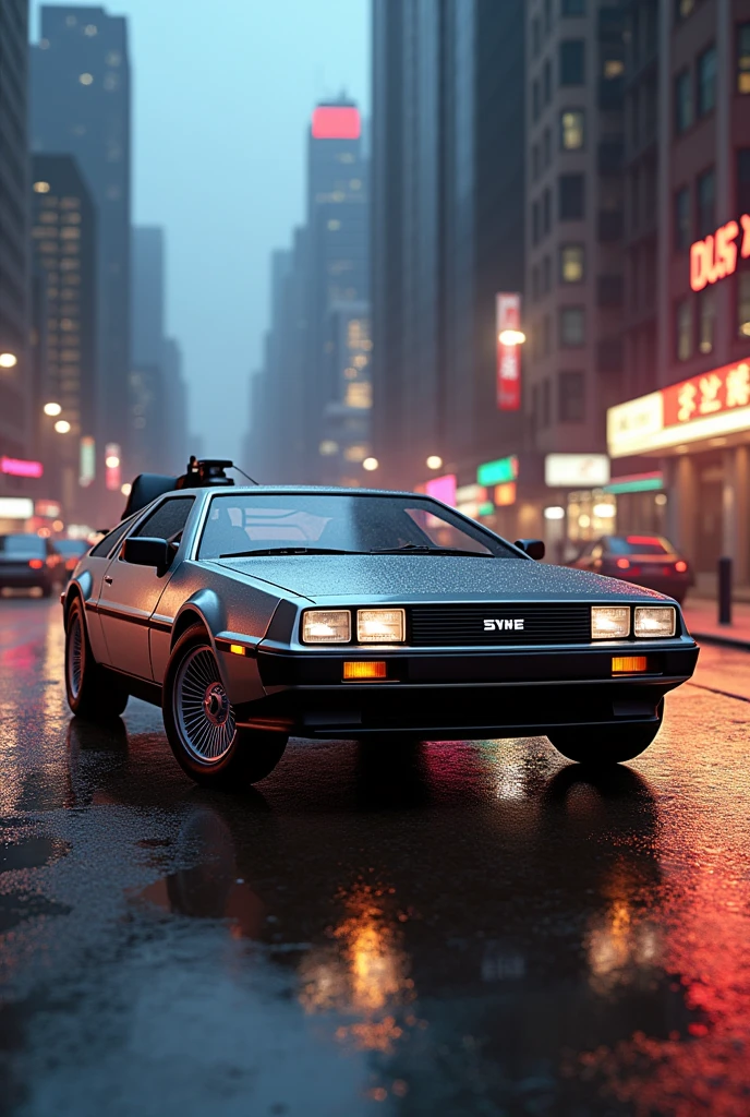 DeLorean machine, normal car, no open doors, background:city