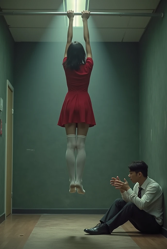 Scene of female student wearing white thigh high socks hanging herself to death , short red dress, hovering in the air , a man sitting on the ground in panic