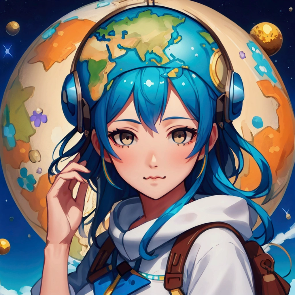 White background、Earth design hat、Blue Hair、hoodie、Brown eyes