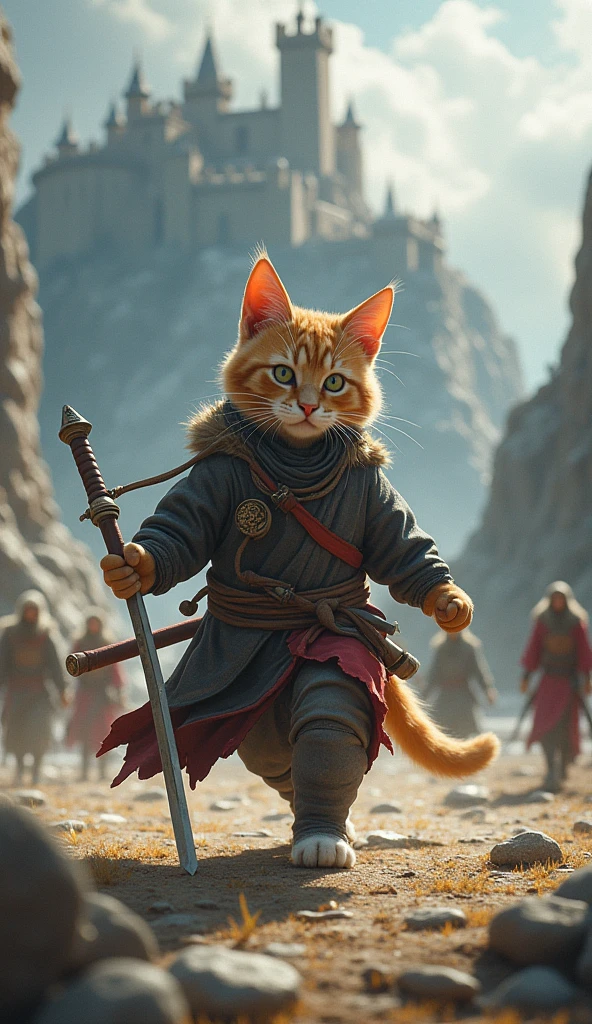 A small, skilled cat trains for a grand battle, motivated by a promise made to his father.
