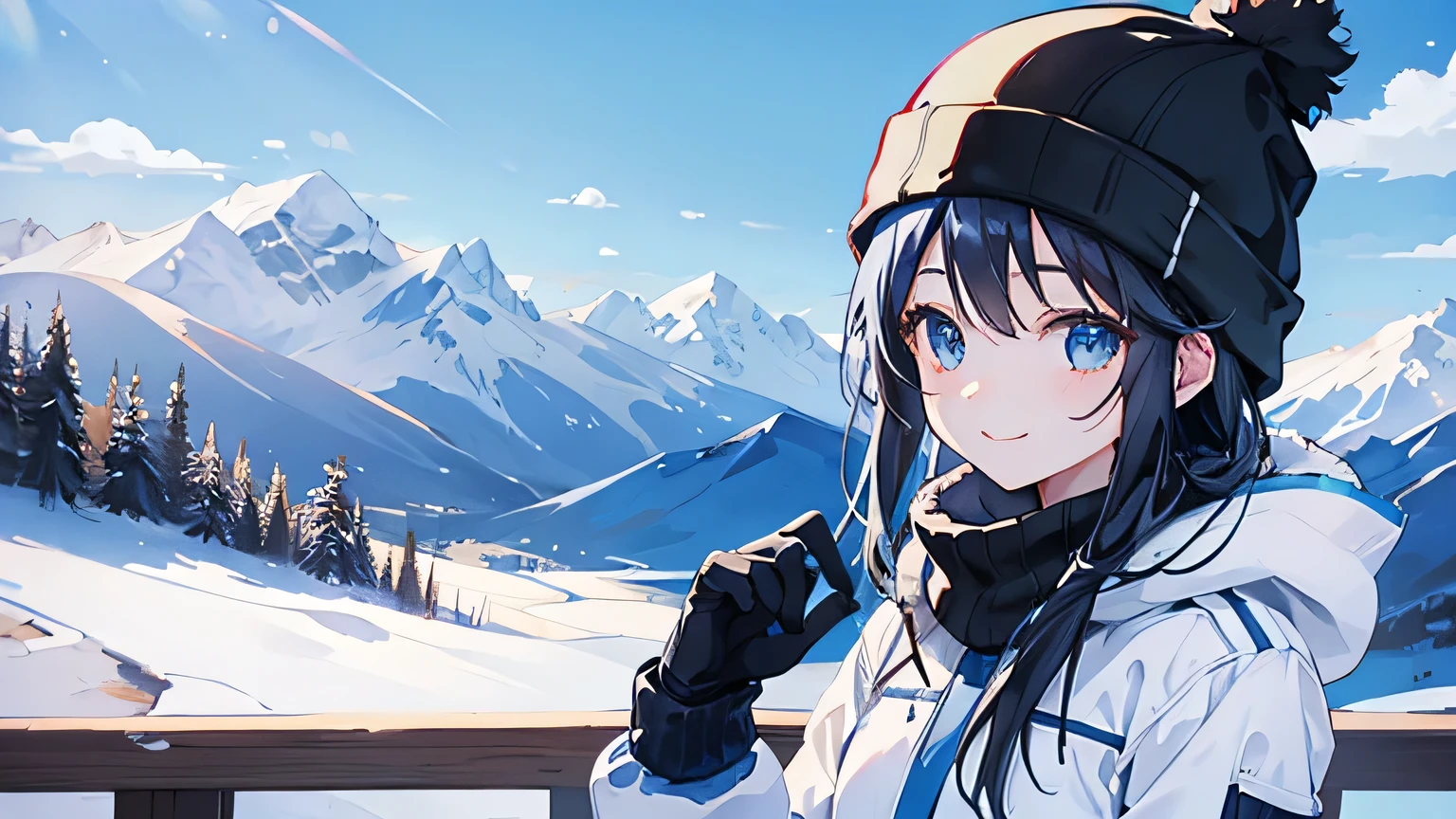 blue sky、Snow Mountain、Ski resort、Slopes、snow board、Black-haired woman、smile、Beanie、gloves