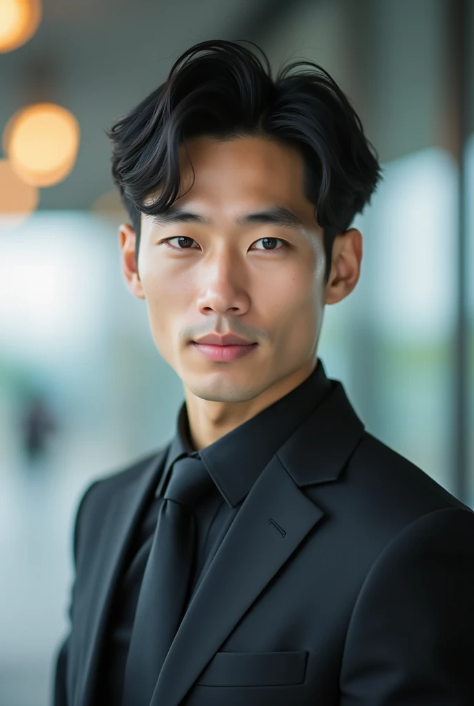A slim but slightly muscular Japanese man in a suit, Photographed with a smartphone, Top quality, 1 beautiful men, Perfect Face, Japanese men, age 34, suit, ((center part hair)), medium short hair, black hair, ((oily hair)), Sitting in a chair, hands on chin, Posing like a magazine cover,